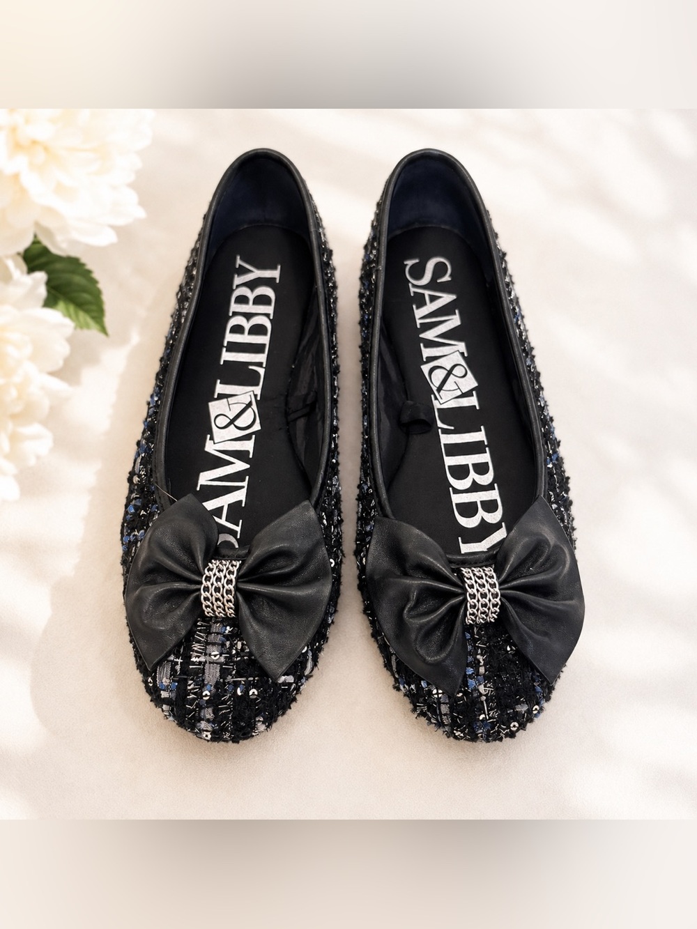 Sam & Libby Size 7 Black Tweed Sequin Bow Ballet Flats